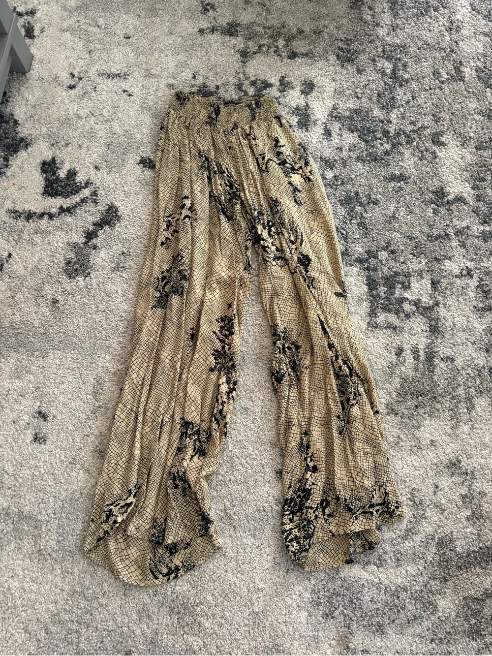 Kush Snake Print Wide Leg Pants in Beige and Black, legs open on the sides